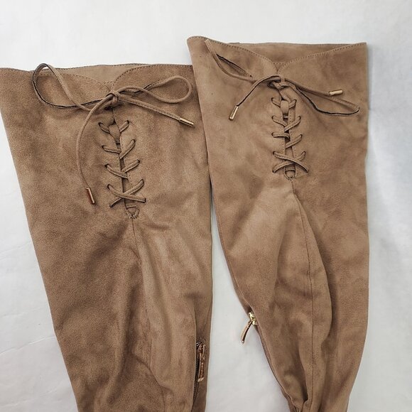 Bella Marie Boots Women's Sz 7 Suede Over The Knee 3.5" Block Heel Taupe Lace-up - Picture 6 of 16